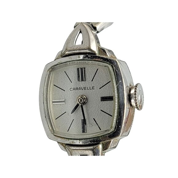 Carvelle Ladies Cocktail Wind Watch 10kgp Silver Tone 17mm Square Dial 6.5" 1974 - Picture 3 of 16